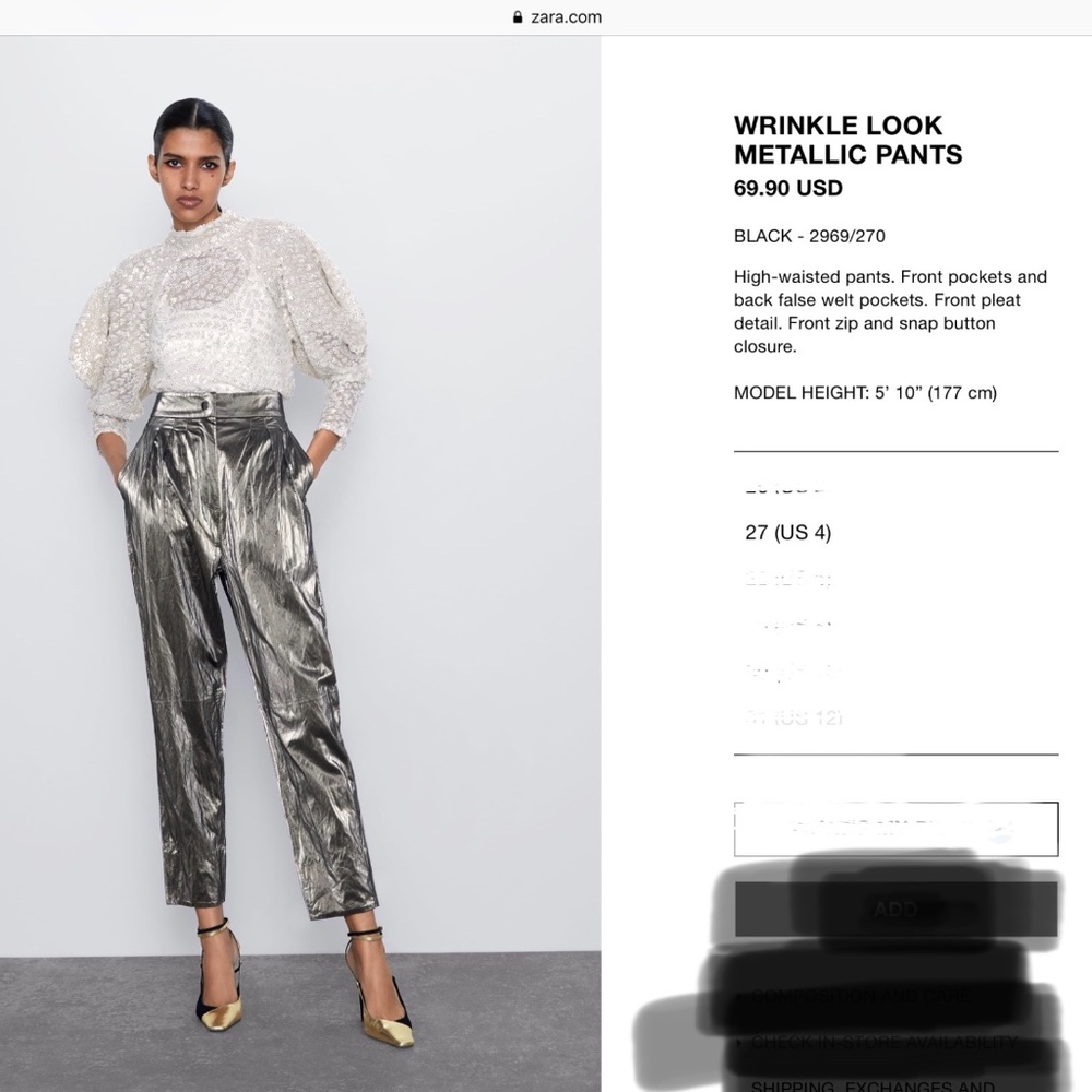 NWT Zara Wrinkle Look Metallic Faux Leather Pants
